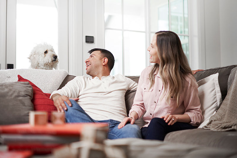 Couple sitting on their couch looking at their dog behind them