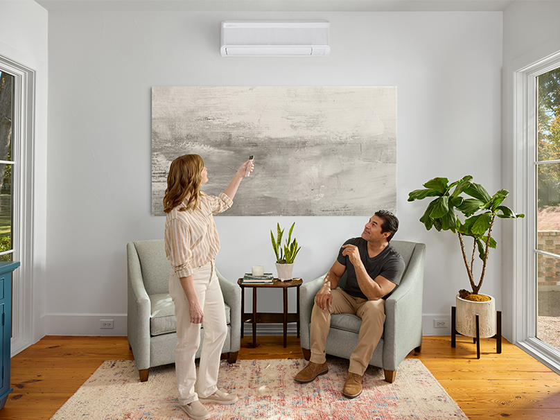 Woman and man in living room using mini-split