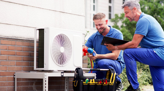 Two technicians installing a heat pump unit outdoors